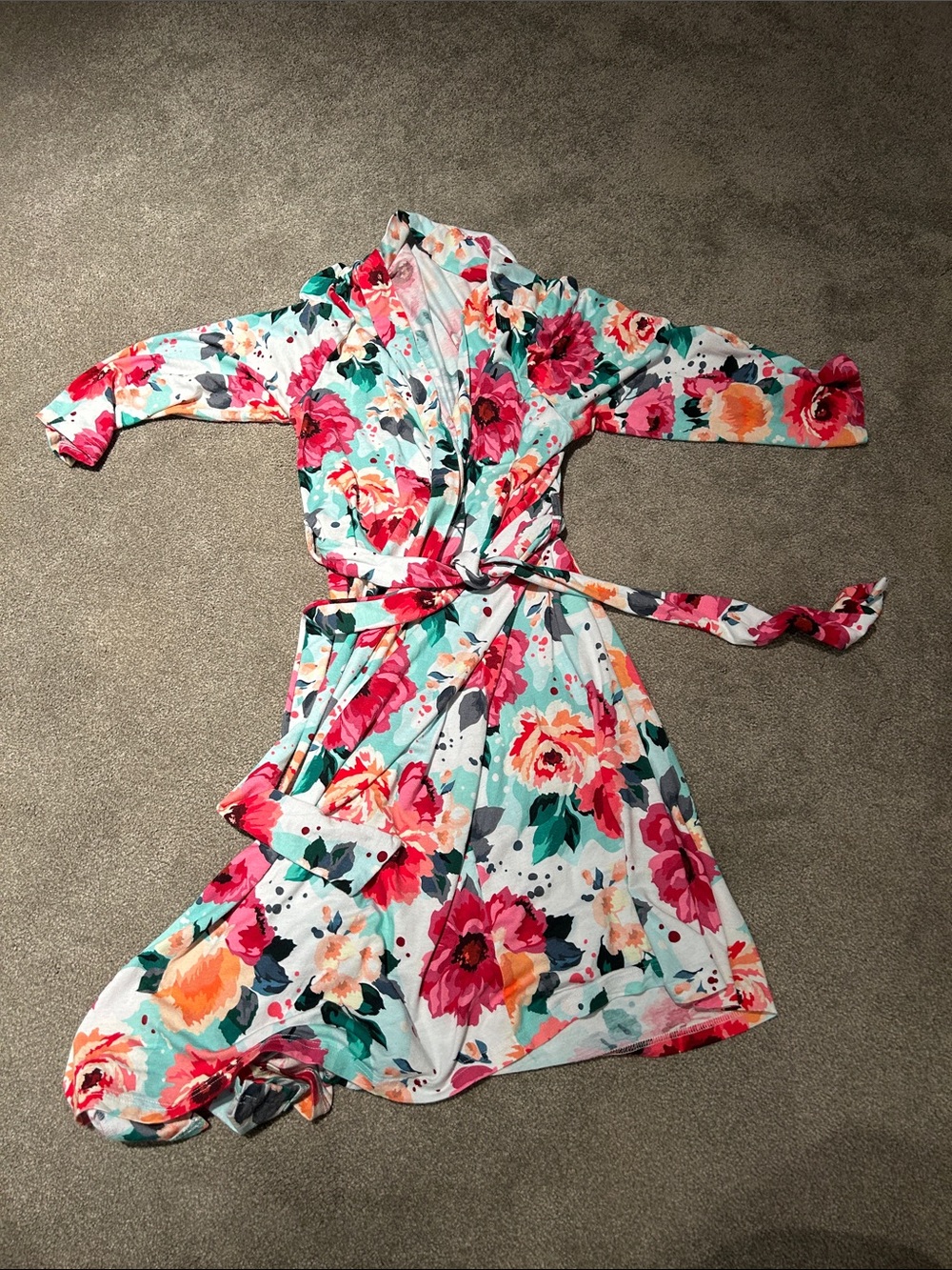 Floral Robe - Mint with Pink & Coral Blooms